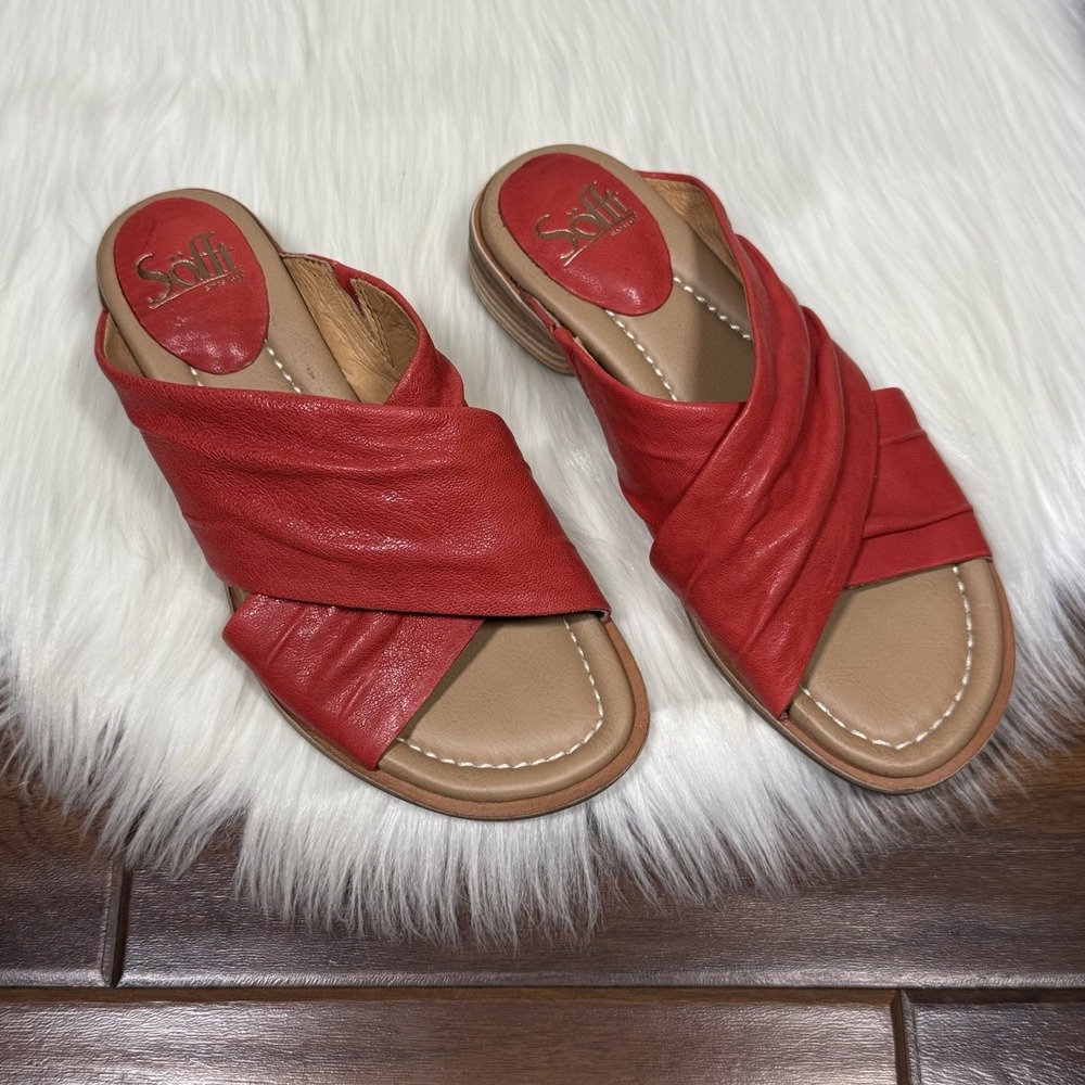 Sofft Women's Size 6.5 M Red Coral Leather Fallon Slide Sandals Slip On Shoe
